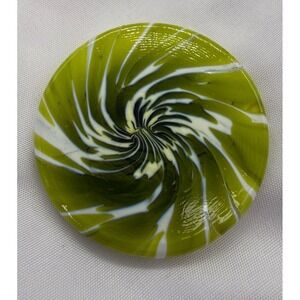Artisan Lime Green White Swirl Art Glass Round Brooch Pin 2 Inch